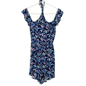 Hollister Romper Womens Size Medium Floral Shorts Halter Cold Shoulder Blue